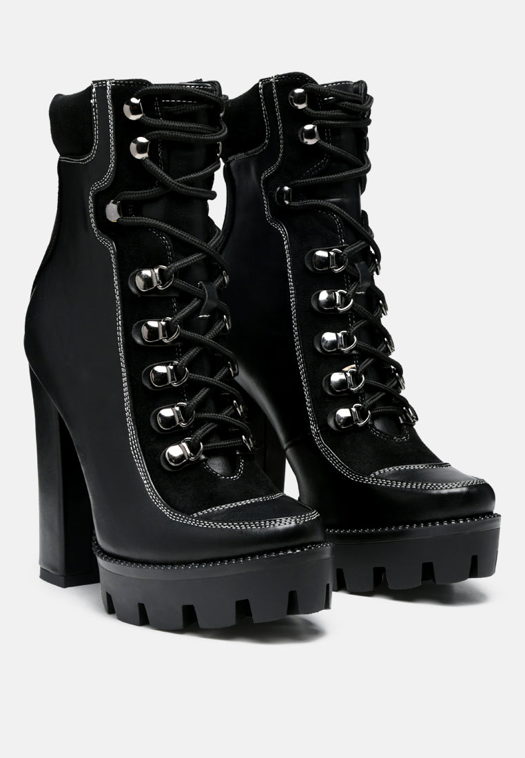 Yeti high heel lace-up biker boots, black, silver eyelets, chunky platform sole