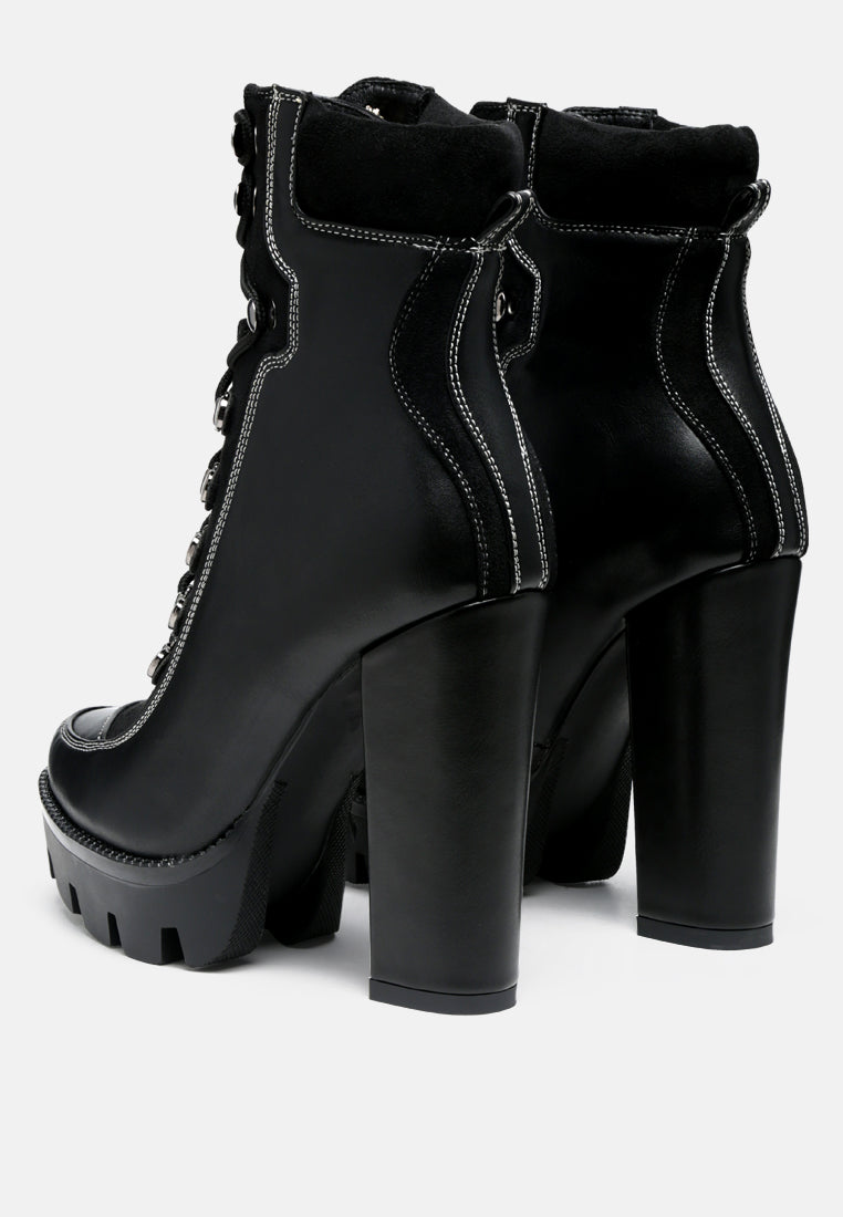 Yeti high heel lace-up biker boots, black, back view with tall block heel and lug sole