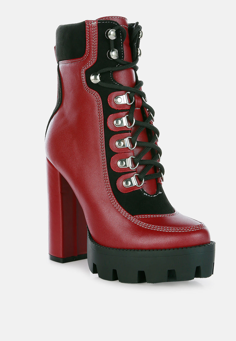 Yeti high heel lace-up biker boots, Burgundy Black, lace-up front with silver eyelets