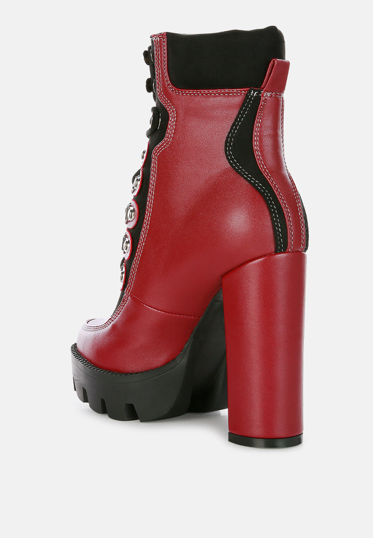 Yeti high heel lace-up biker boots, Burgundy Black, back view with tall block heel