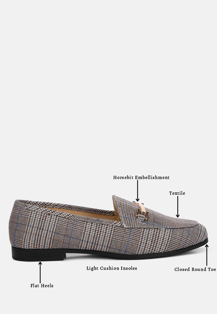 Grey plaid loafer features: horsebit detail, light cushion insole, flat heel