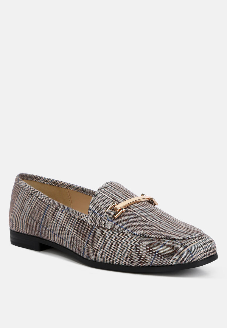 Grey plaid loafers with gold-toned horsebit bar and low flat heel