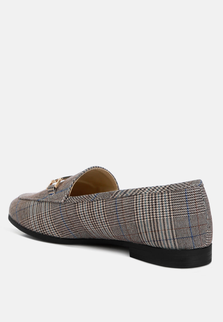 Grey plaid loafer with closed round toe, horsebit detail, flat sole