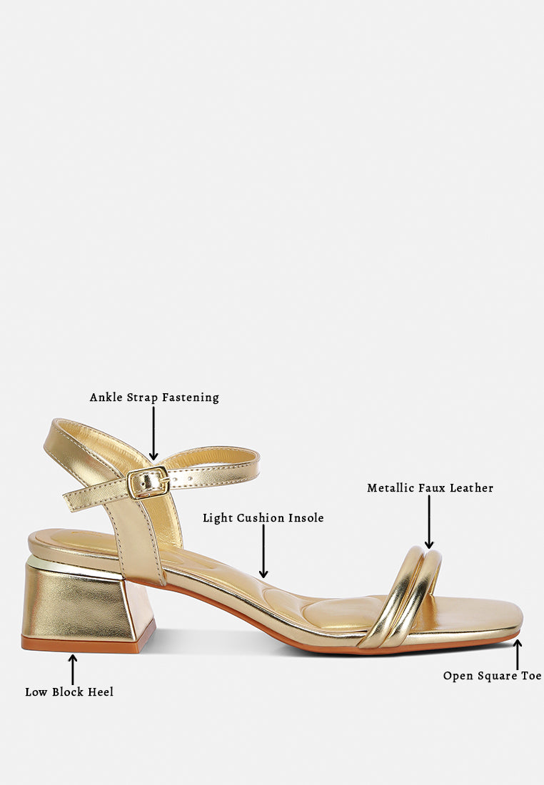 Gold open square-toe ankle strap low block heels with lightly cushioned insole