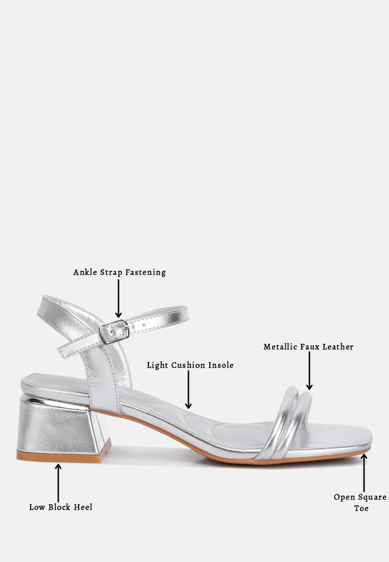 Silver open-square-toe ankle-strap low block heels with cushioned insole