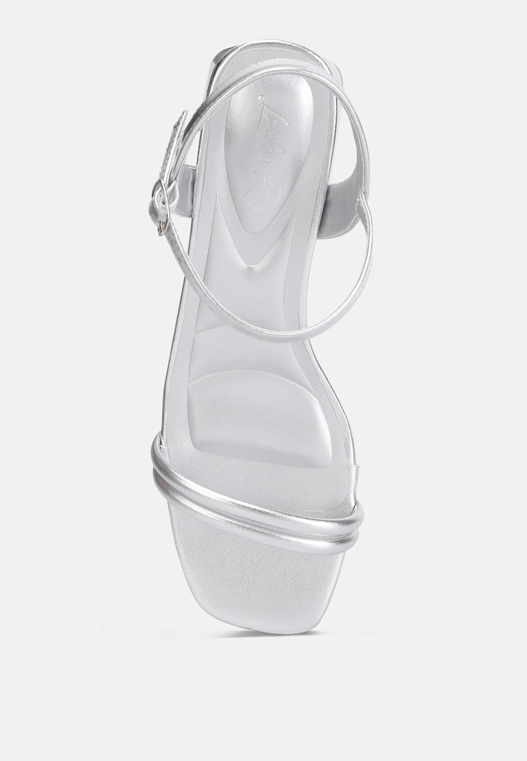 Silver metallic heeled sandal back view with ankle strap and low block heel
