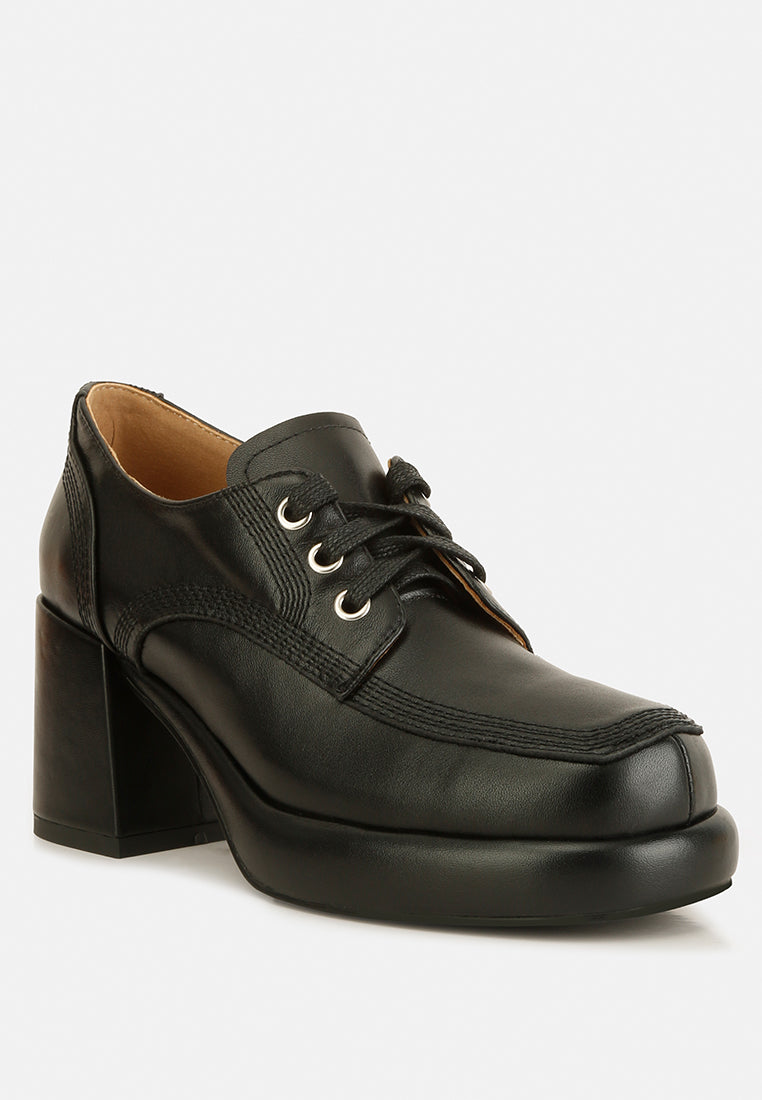 Black leather oxford shoes with lace-up front and mid block heel