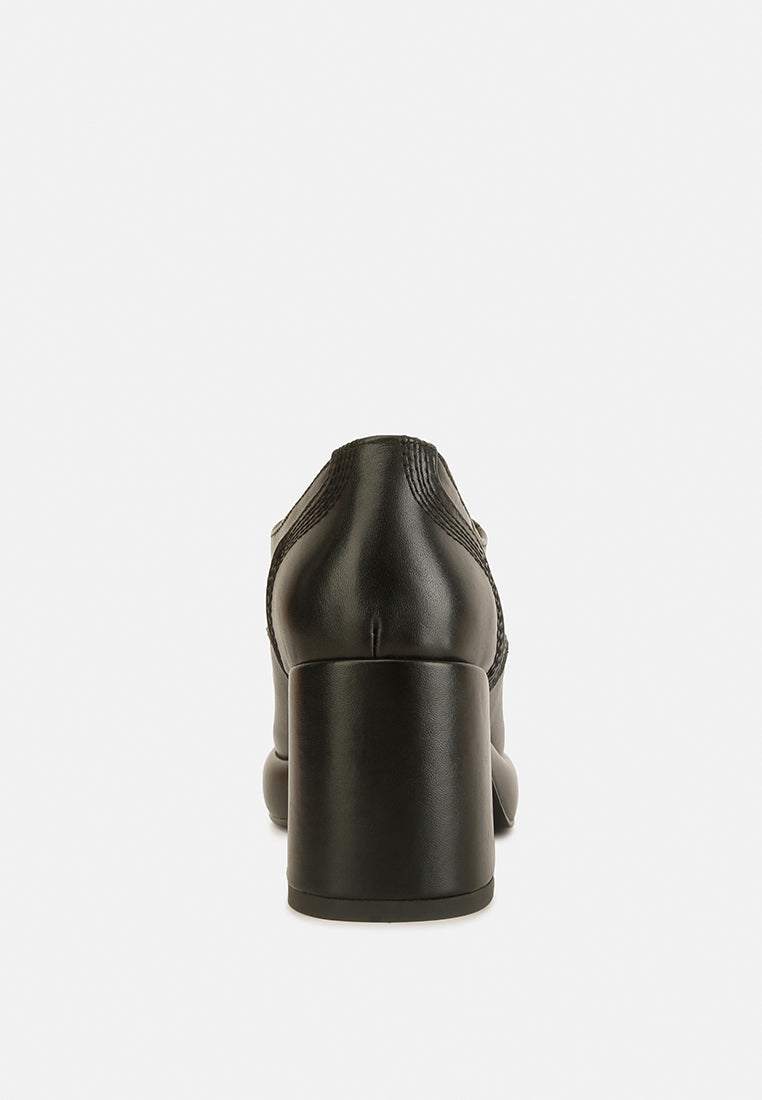 Quecha leather block heel oxfords in Black, back view with chunky heel