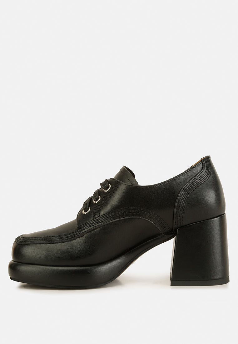 Quecha leather block heel oxfords in Black, side profile with block heel