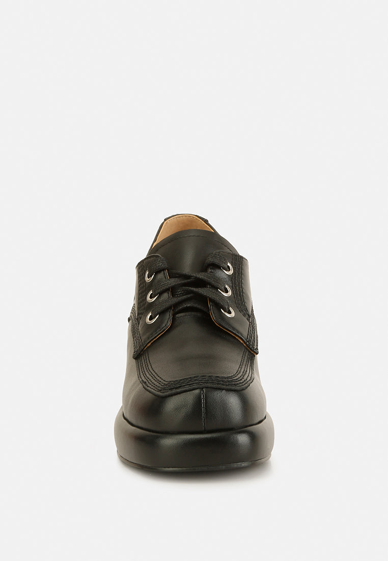 Quecha leather block heel oxfords in Black, lace-up front view