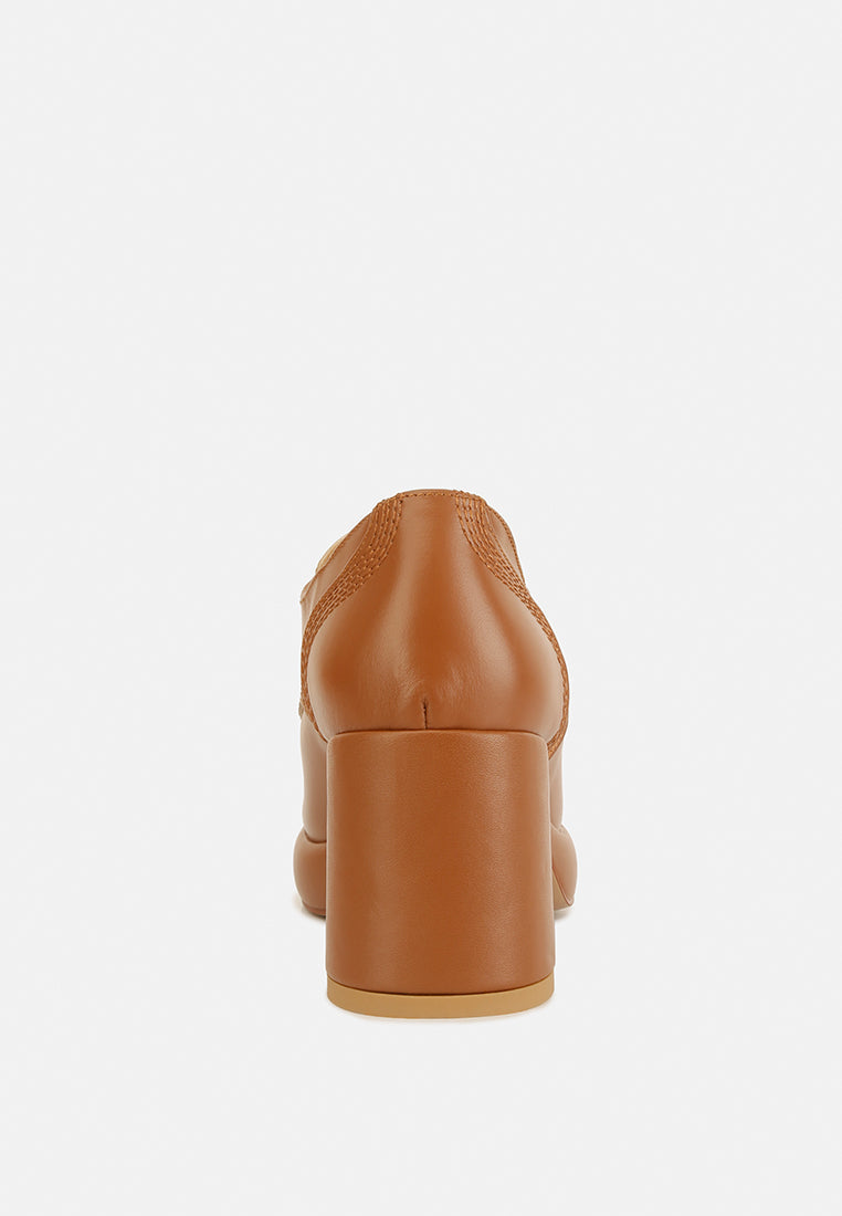Quecha leather block heel oxfords in Tan, back view showing heel