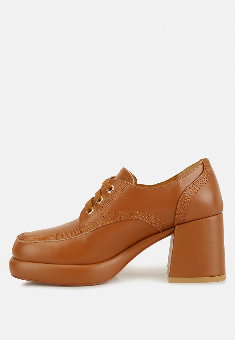 Quecha leather block heel oxfords in Tan, high block heel side shot