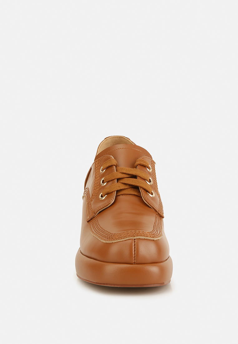 Quecha leather block heel oxfords in Tan, lace-up front view
