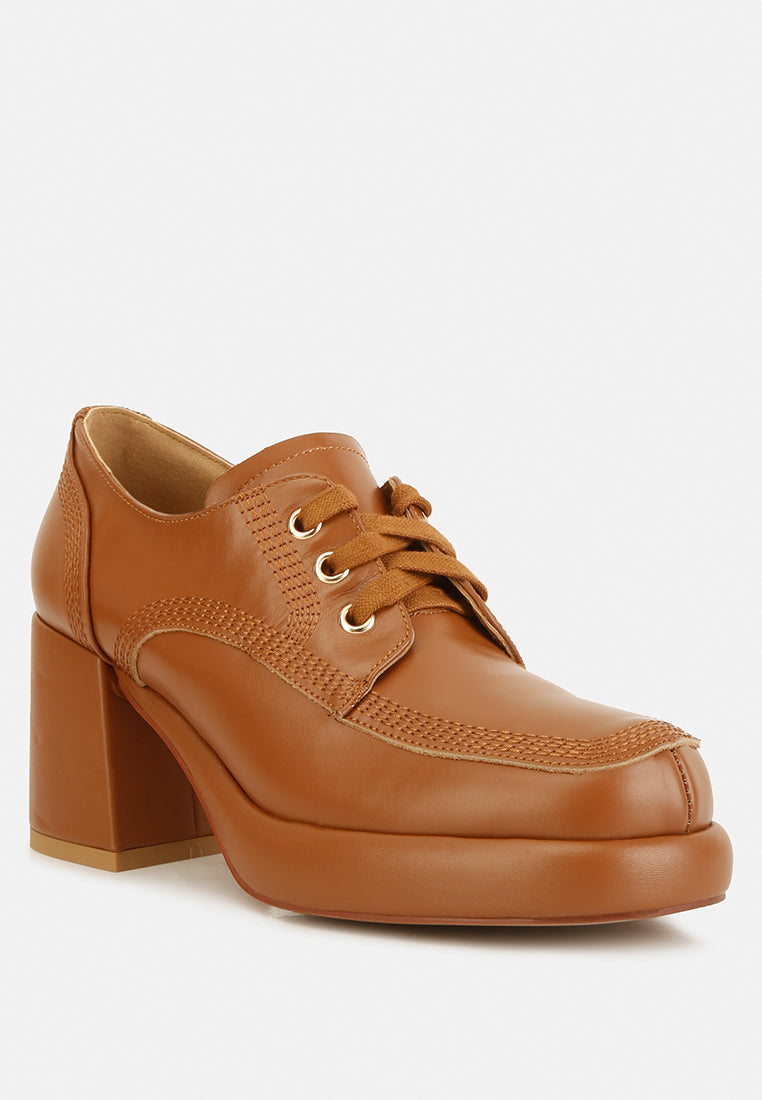Quecha leather block heel oxfords in Tan, lace-up side view
