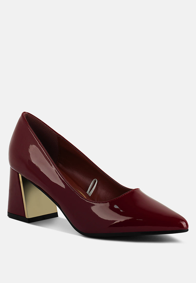 Burgundy pointed-toe pump with gold-trim block heel and glossy finish
