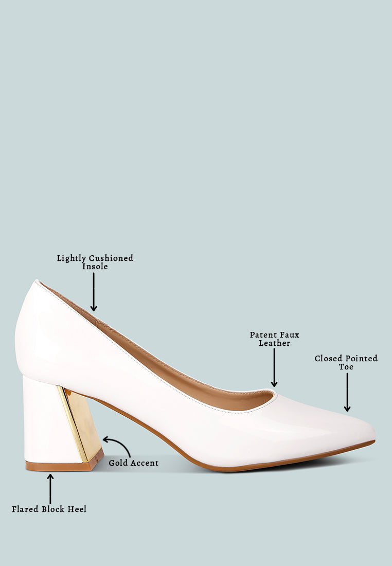 White pump with gold accent, lightly cushioned insole, flared block heel