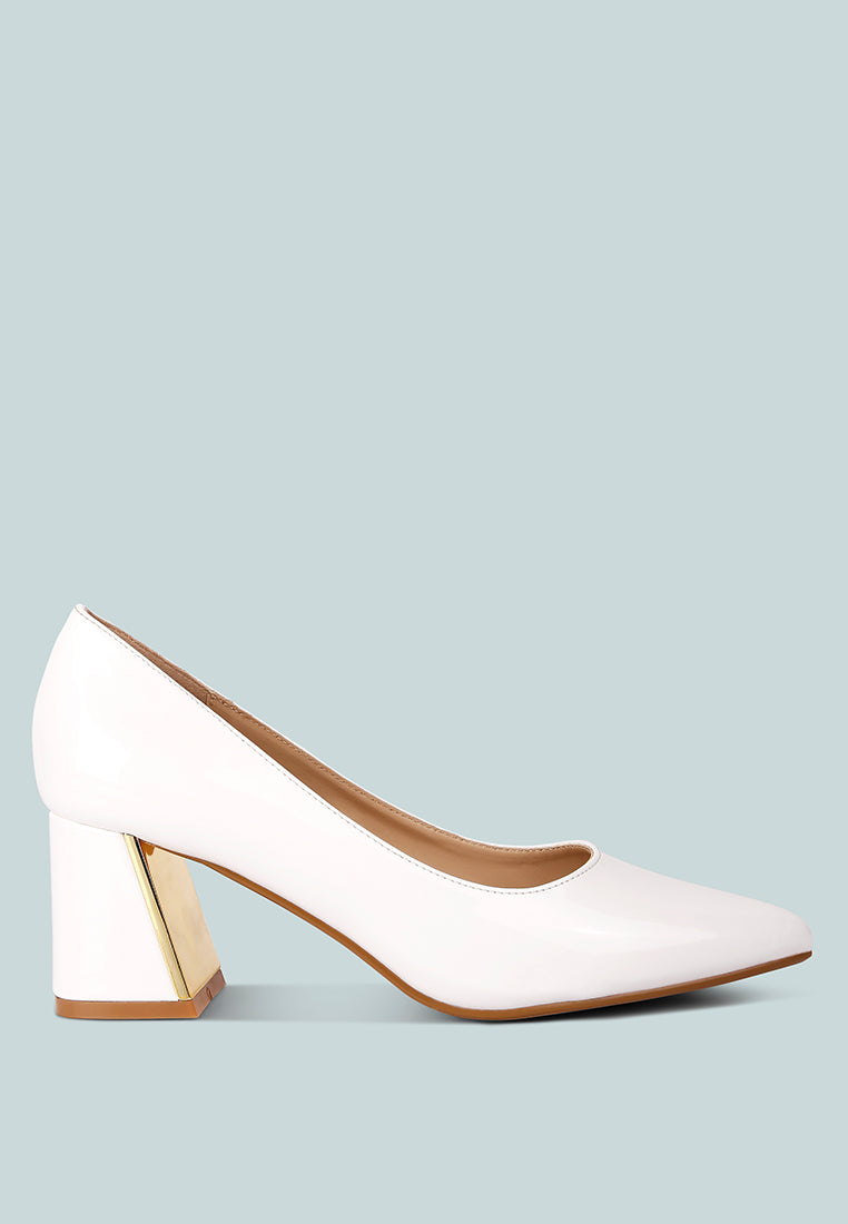 White metallic accent block heel pumps, glossy pointed toe with gold heel block