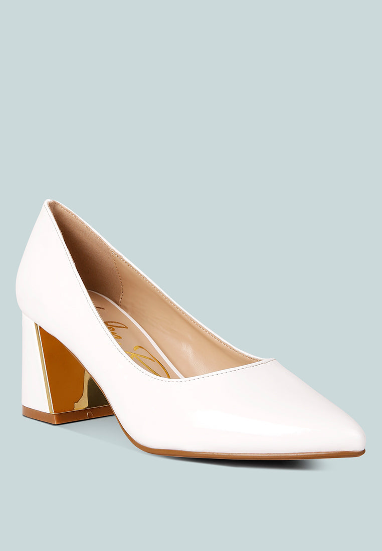 White pump with gold block heel detail; smooth pointed toe, closed back