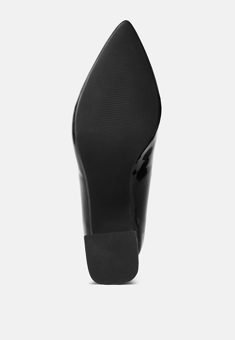 Black pump side view with smooth glossy upper and stacked block heel