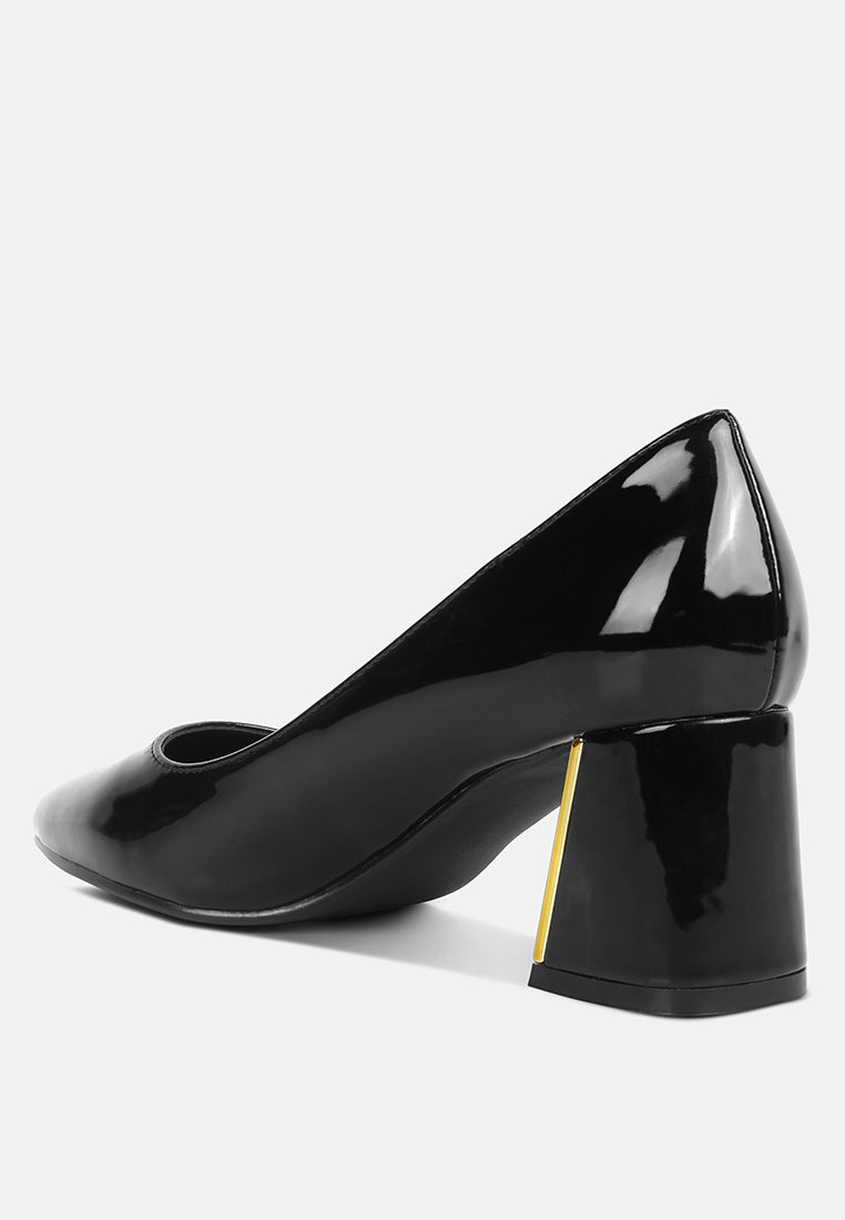 Black glossy pump with metallic gold-accent block heel and pointed toe