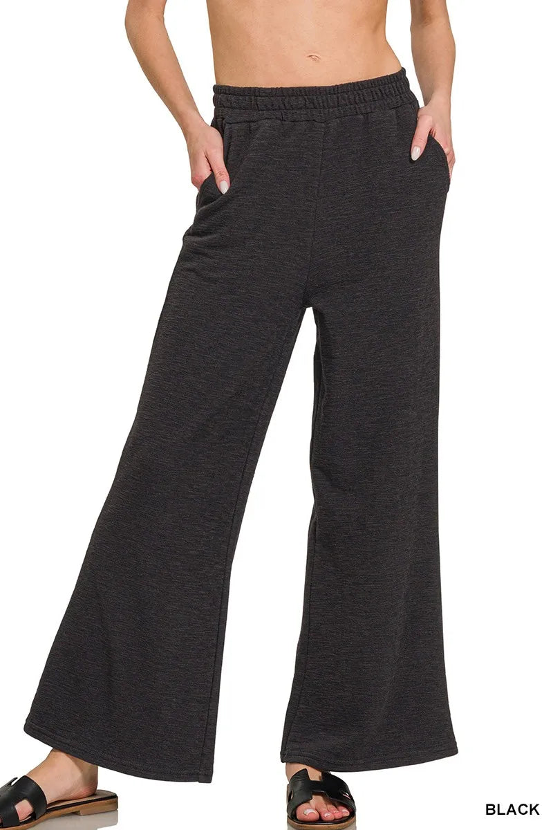 Zenana cotton slub wide-leg pants in black with elastic waistband