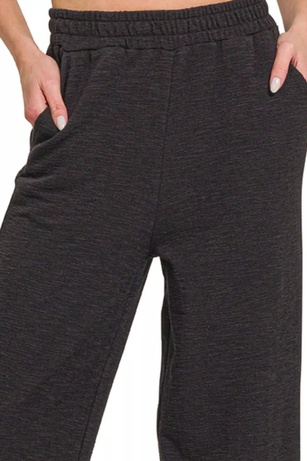 Trendsi black wide-leg pants with elastic waistband and slub cotton texture