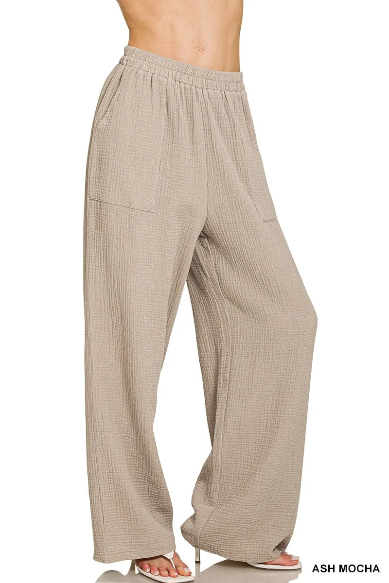 Zenana double gauze elastic waist pants, ash mocha, relaxed wide leg