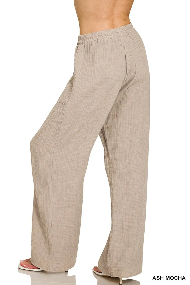 Ash mocha wide-leg double gauze pants with elastic waistband