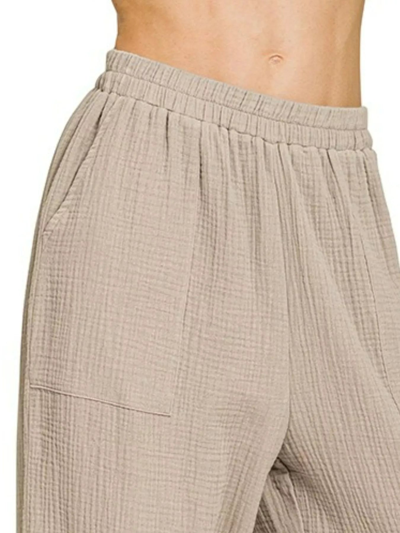 Elastic waist pull-on pants in ash mocha with side seam pocket detail