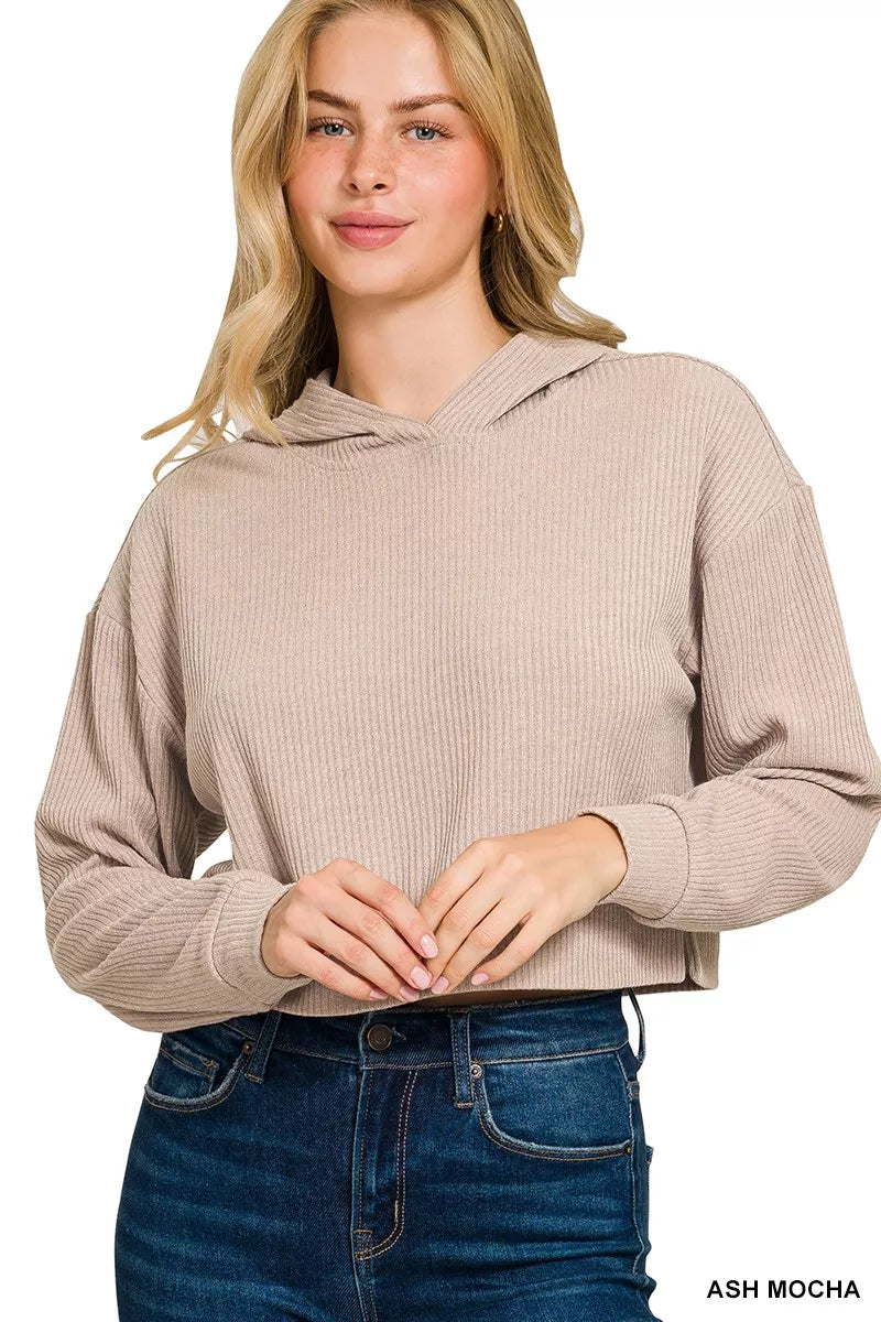 Ash mocha ribbed crop hoodie with drop shoulders and hood