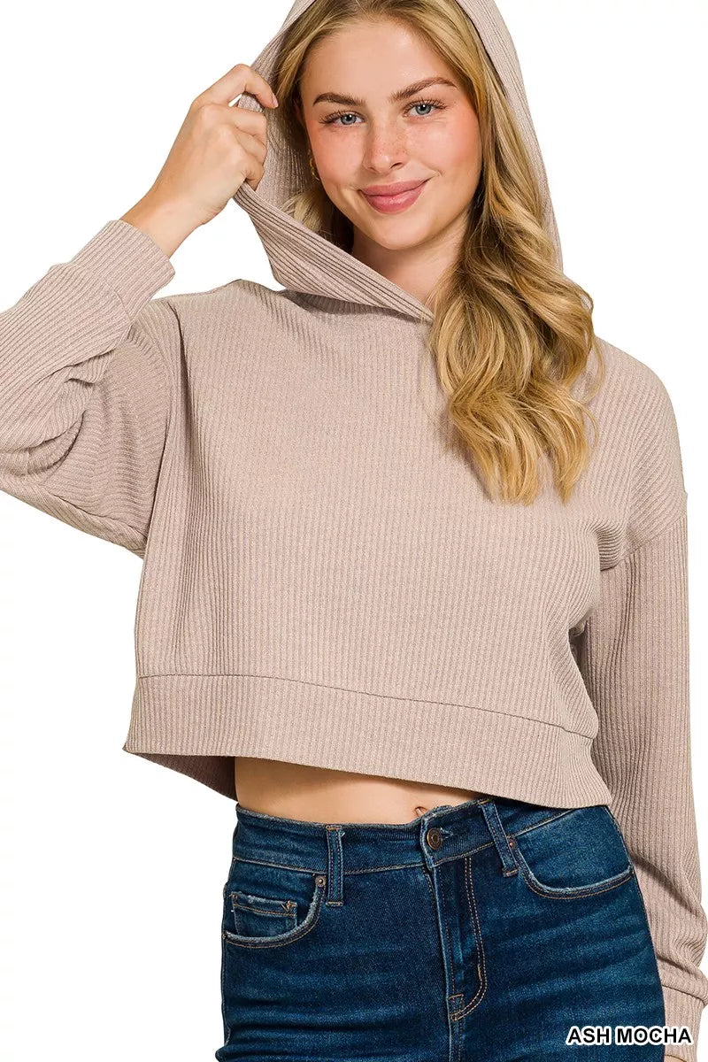 Ash mocha drop-shoulder ribbed crop hoodie, hood up, relaxed fit