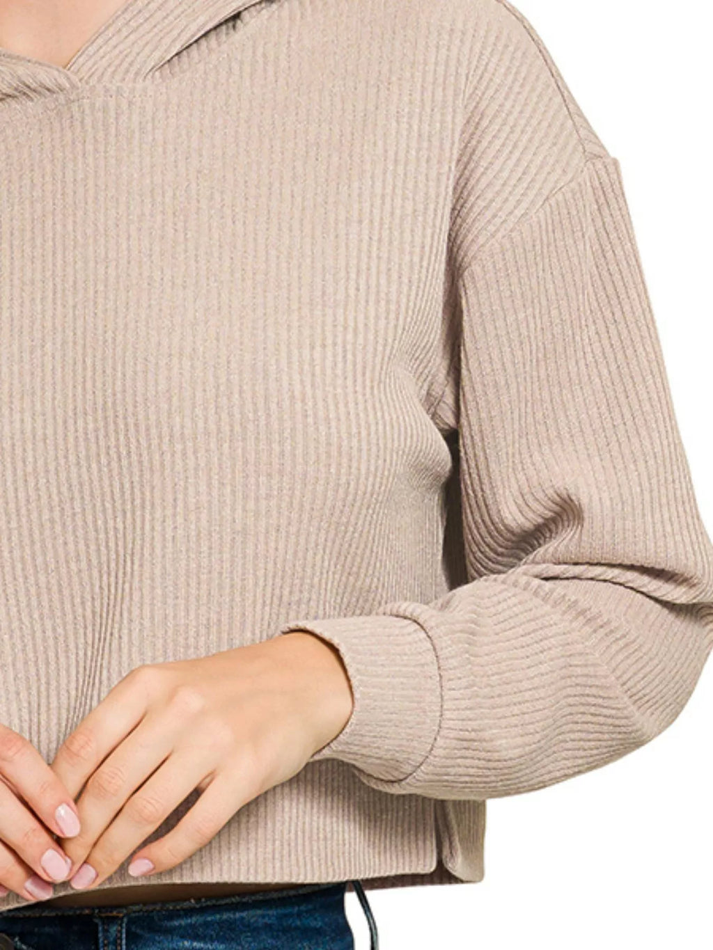 Close-up: ash mocha ribbed crop hoodie sleeve and cuff detail