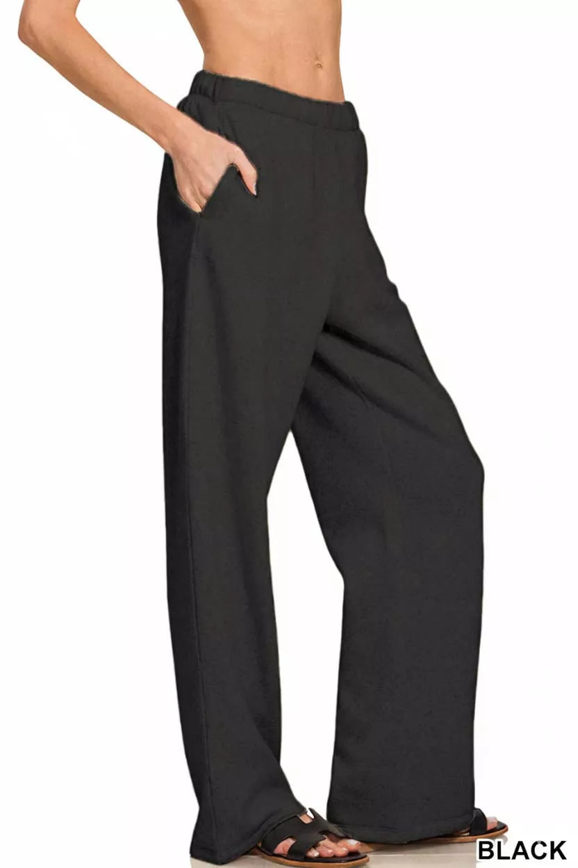 Black fleece sweatpants with side seam pocket, roomy leg and elastic waistband