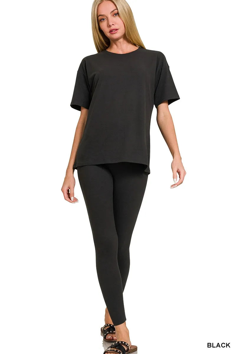 Black short-sleeve top and slim pants lounge set, plus size