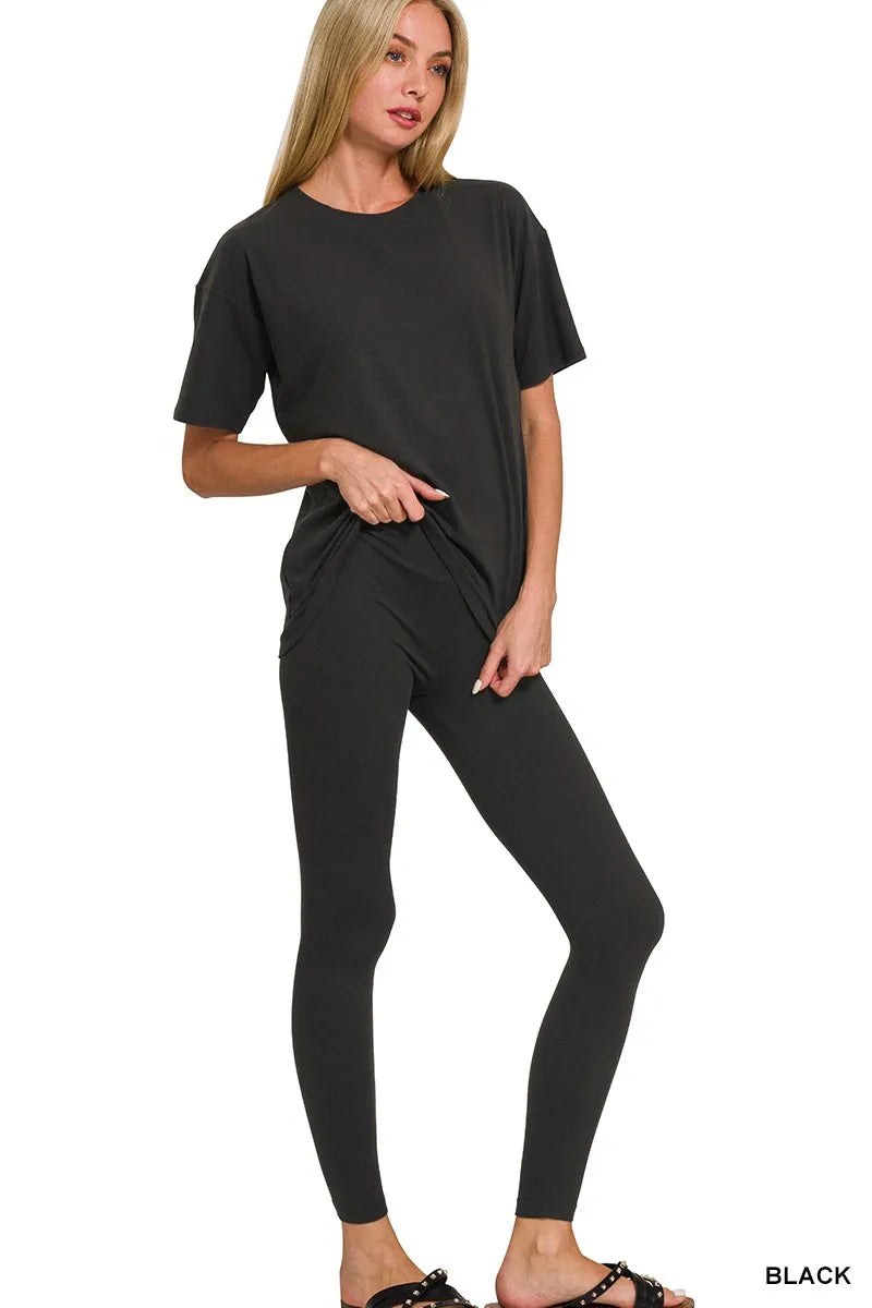 Black short-sleeve lounge top with fitted leggings, plus size set