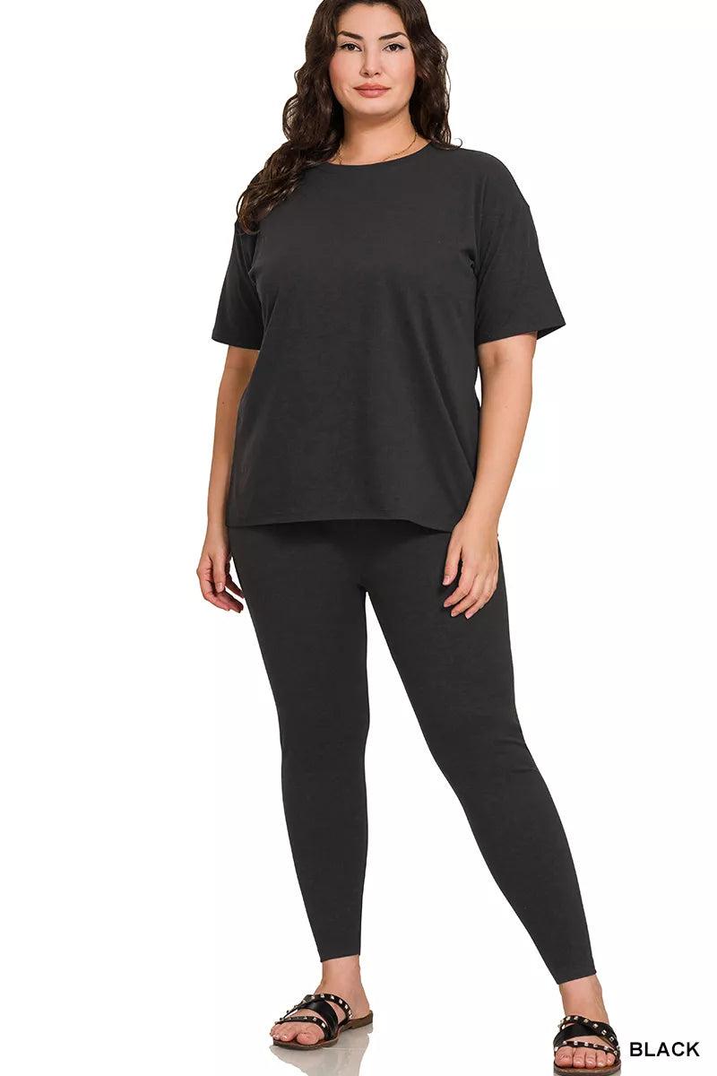 Black short-sleeve top paired with matching leggings lounge set, plus size