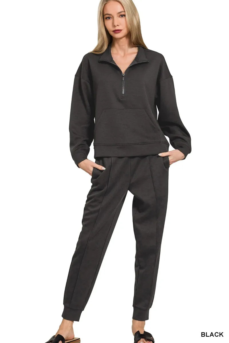 Zenana scuba half-zip sweatshirt and joggers set, black