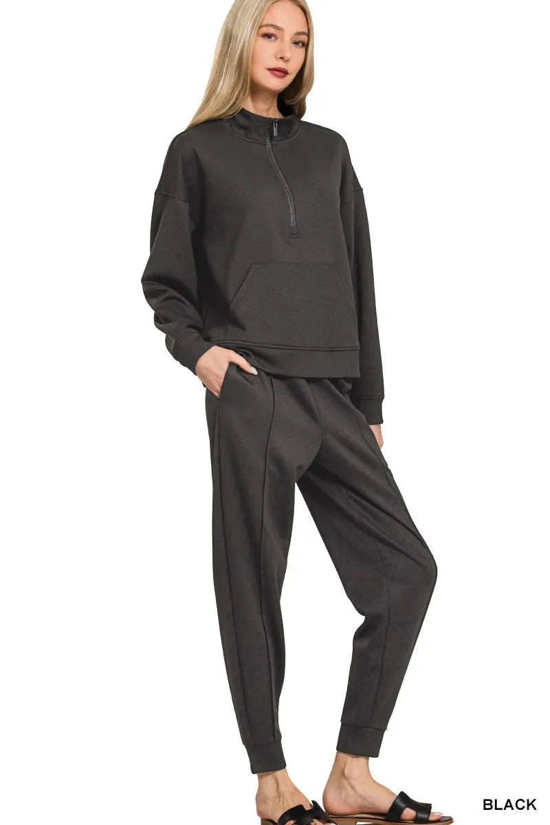Zenana scuba half-zip pullover top with matching joggers, black