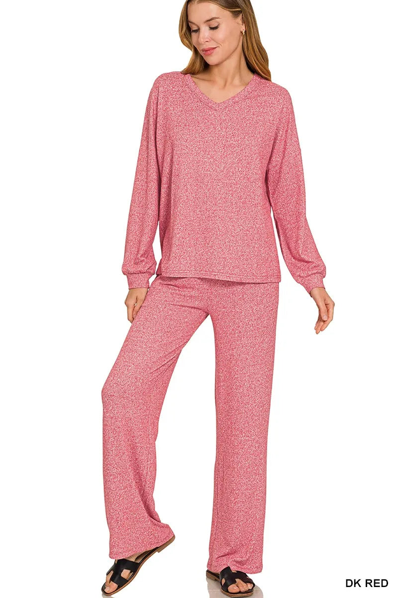 DK RED melange long-sleeve V-neck tee and matching pants set