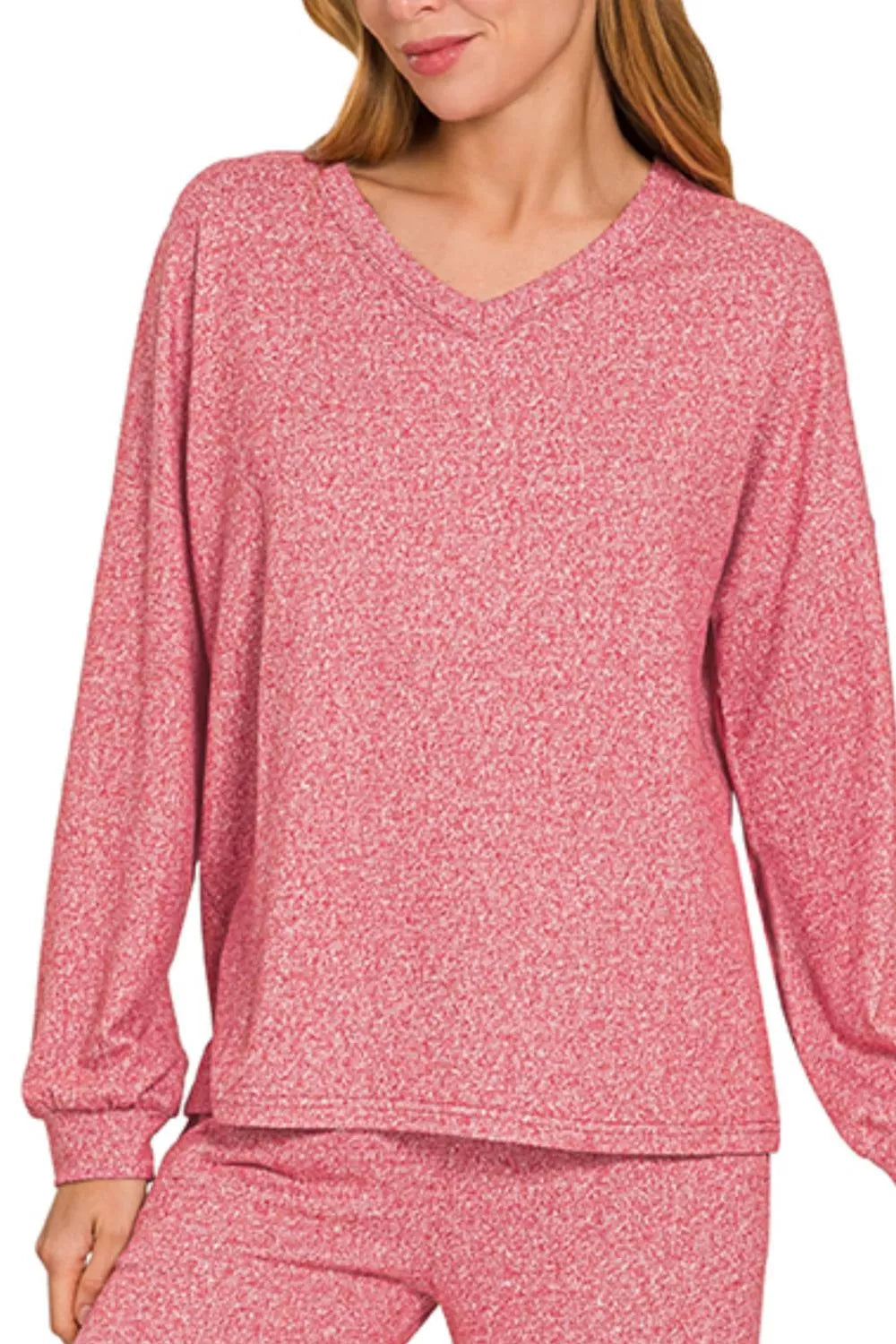 DK RED melange long-sleeve V-neck tee, close-up
