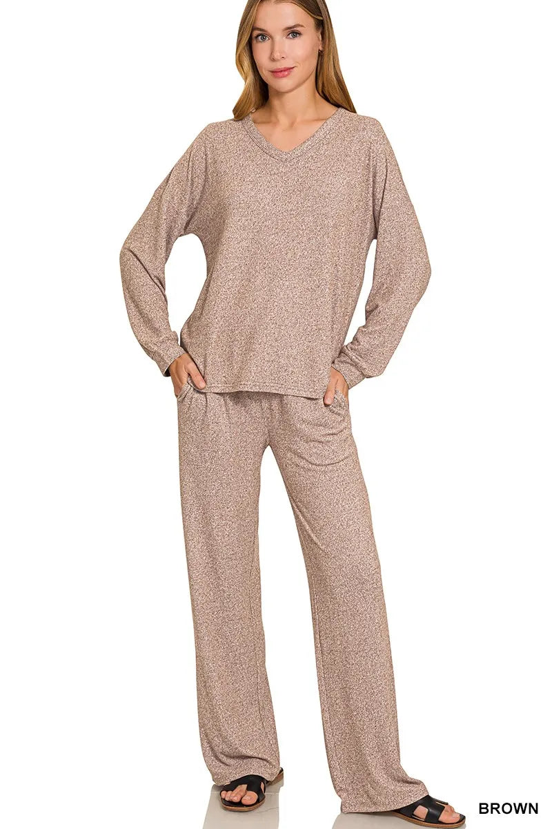 Brown melange long-sleeve V-neck tee and wide-leg pants set