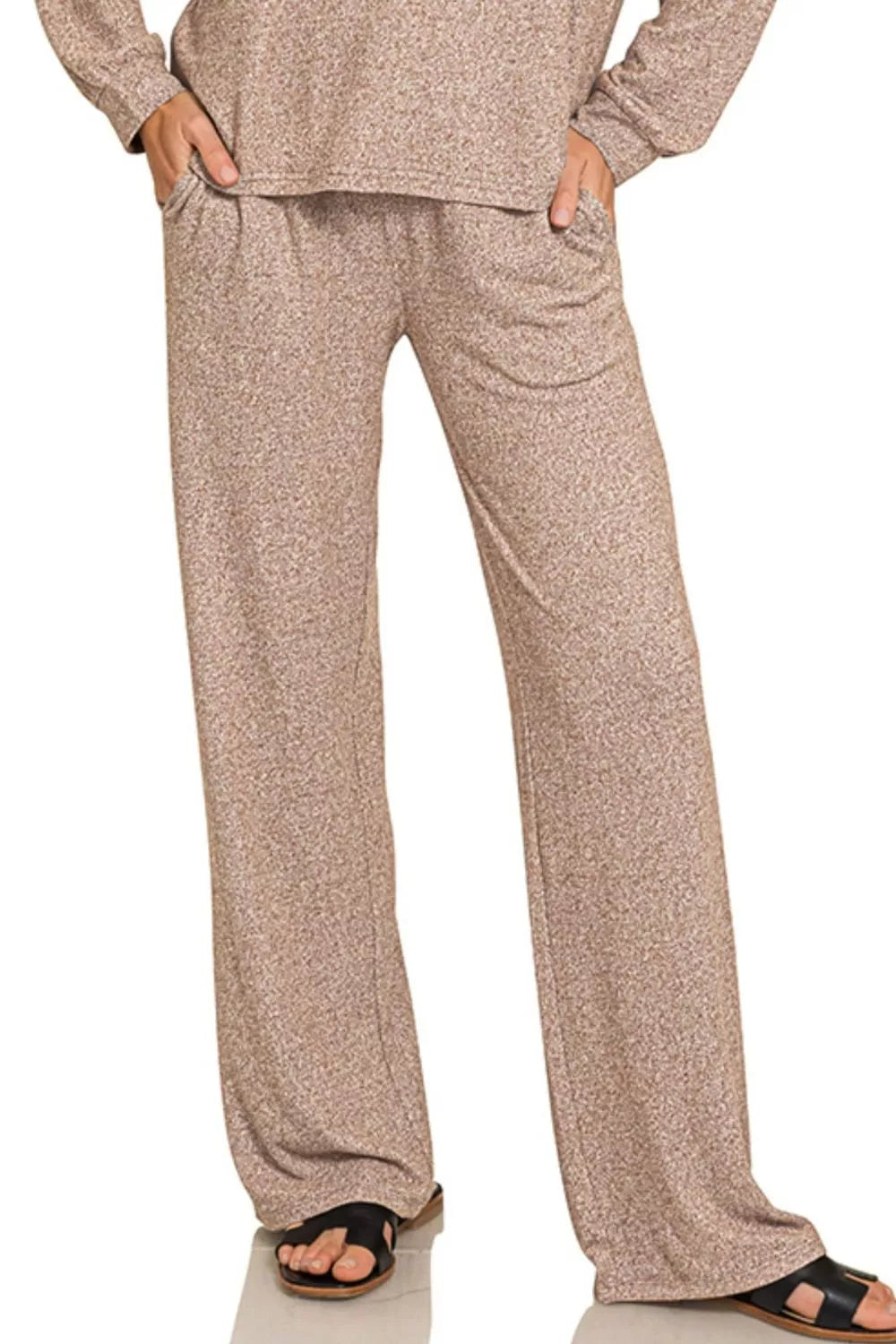 Brown melange wide-leg pants with elastic waist from the matching set