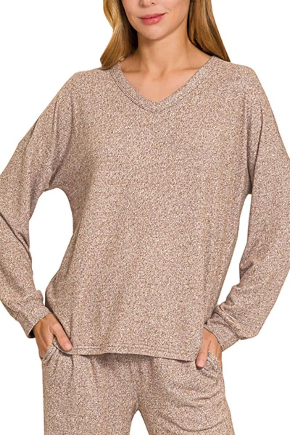 Brown melange long-sleeve V-neck top with relaxed fit, matching pants set