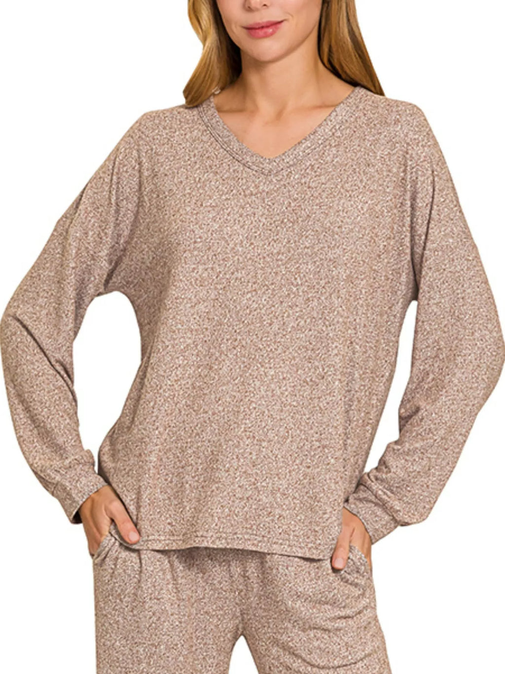 Brown melange long-sleeve V-neck tee with cuffs and matching lounge pants