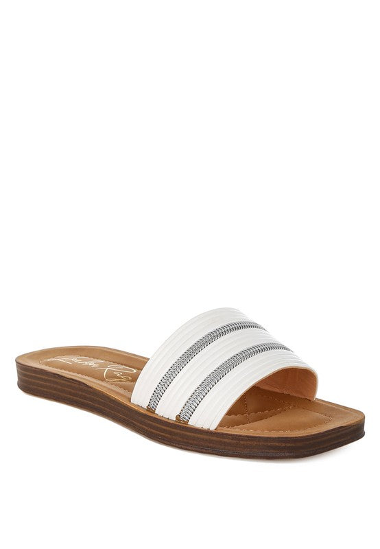 White faux zipper detail slip-on slide sandals with open toe and stripe bands