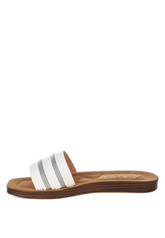 White slip-on sandals with faux zipper detail and striped knit upper