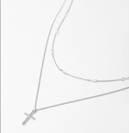 Rhinestone Cross Pendant Necklace Set, Silver Color 18" - Tigbul's Variety