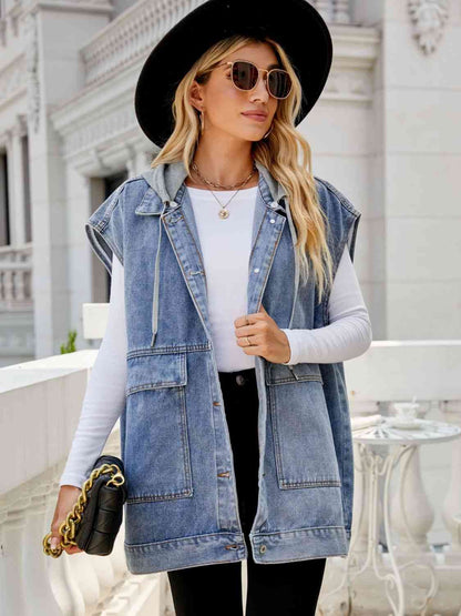 Hooded Sleeveless Denim Top with Pockets - Tigbuls Variety Fashion