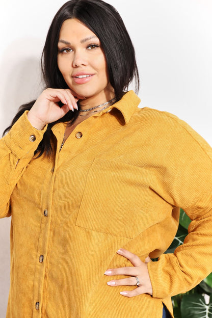 HEYSON Full Size Oversized Corduroy  Button-Down Tunic Shirt with Bust Pocket - Tigbuls Variety Fashion