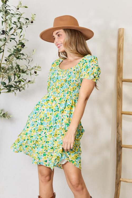 Smocked Flounce Mini Dress, Yellow Mix - Tigbuls Variety Fashion